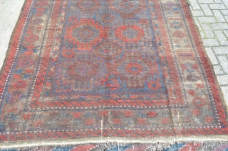 Huge 19th century Baluch Timuri Main Carpet from a Dutch Estate.
Size 292 x 184 centimeters .100% natural colors amazing variation in paterns.Slightly wear coroded area's Original kilim ends few little holes .No  ...