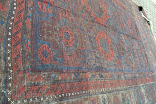 Huge 19th century Baluch Timuri Main Carpet from a Dutch Estate.
Size 292 x 184 centimeters .100% natural colors amazing variation in paterns.Slightly wear coroded area's Original kilim ends few little holes .No  ...