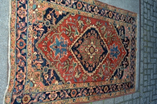 This lovely little rug from Heriz in north west persia was made in the first quarter from the 20 century circa 1900-1920.Good pile some low spots. not worn.Good natural colors. Rare in  ...