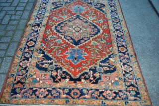 This lovely little rug from Heriz in north west persia was made in the first quarter from the 20 century circa 1900-1920.Good pile some low spots. not worn.Good natural colors. Rare in  ...