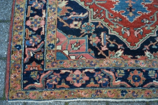 This lovely little rug from Heriz in north west persia was made in the first quarter from the 20 century circa 1900-1920.Good pile some low spots. not worn.Good natural colors. Rare in  ...