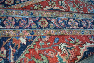 This lovely little rug from Heriz in north west persia was made in the first quarter from the 20 century circa 1900-1920.Good pile some low spots. not worn.Good natural colors. Rare in  ...