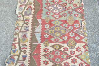 Music for the eyes colours of a central Anatolian Kilim fragment 
first half 19th century as found as is great sized fragment about 390 x 90 cm 
     