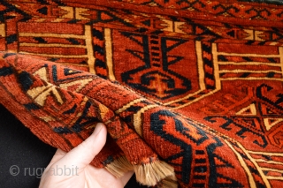 Rare Type of Kejebe Patern from probably Kizilayak turkoman Tribe
Beautiful soft wool and colors
few place minor old mothbites Cleaned and washed
size aprox 126 x 34 centimeters       