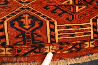 Rare Type of Kejebe Patern from probably Kizilayak turkoman Tribe
Beautiful soft wool and colors
few place minor old mothbites Cleaned and washed
size aprox 126 x 34 centimeters       