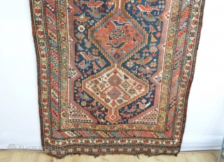 Colorful end of 19th century As found condition Khamseh Confederacy rug.
beautiful colors and tribal drawn...https://www.ebay.com/sch/tarsusy/m.html?_nkw=&_armrs=1&_ipg=&_from=
Slightly wear and one corner worn as shown pict 3. need a little wash ..
Size 240 x 121  ...