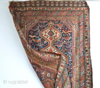 Colorful end of 19th century As found condition Khamseh Confederacy rug.
beautiful colors and tribal drawn...https://www.ebay.com/sch/tarsusy/m.html?_nkw=&_armrs=1&_ipg=&_from=
Slightly wear and one corner worn as shown pict 3. need a little wash ..
Size 240 x 121  ...