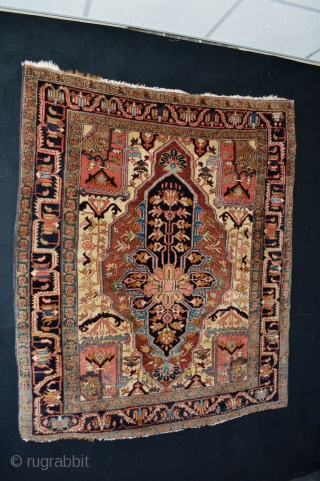 Beautiful Antique  Serapi/Heriz area Rug
Rare small size approximately 150 x 170 cm
Washed and Cleaned Full Pile Soft silky wool and Beautiful Serapi/Heriz Colors. Ready for use or to display..   