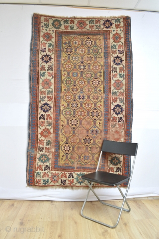 Beautiful Antique Caucasian rug 
All wonderful natural colours with bright yellow underground … pre 1850s worn and wear areas due his great age… ready to enjoy on your wall    