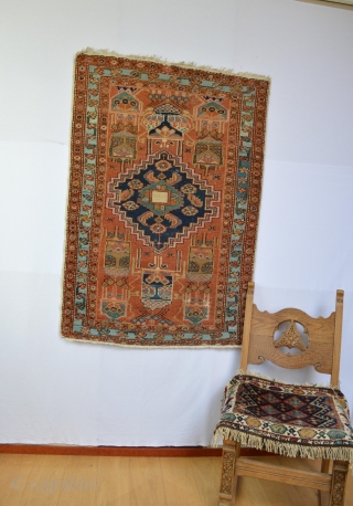 Very Rare or Unique Piece of small Heriz/ Serapi area rug  circa 1900's All Vegy colors few low spots as found top end are original low end are  secured.. finely  ...