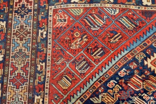 Stunning Antique Khamseh Confederacy Rug . Strong all natural  vegetable colors ,represent the tribal live at the end of 19th century with the goats, birds and animals :)
ends need  secured  ...