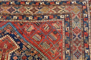 Stunning Antique Khamseh Confederacy Rug . Strong all natural  vegetable colors ,represent the tribal live at the end of 19th century with the goats, birds and animals :)
ends need  secured  ...