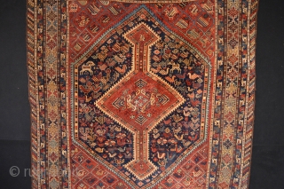Stunning Antique Khamseh Confederacy Rug . Strong all natural  vegetable colors ,represent the tribal live at the end of 19th century with the goats, birds and animals :)
ends need  secured  ...