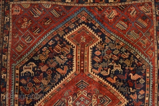 Stunning Antique Khamseh Confederacy Rug . Strong all natural  vegetable colors ,represent the tribal live at the end of 19th century with the goats, birds and animals :)
ends need  secured  ...