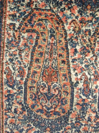 Incredible fine end of 19th century Senneh. In very good condition a few tiny repairs.Good shiny silky wool. No wears or other problems.
222 x 141 cm       