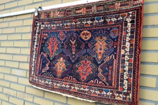 Very Colorful Antique Afshar Bagface good pile and good wool.
one litle mothbite rest in very good condition,
Just for afshar lovers. Size 85 x 85 centimeters,        