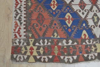This Beautiful as found Antique Anatolian Kilim Probably Sivrihisar area has all natural colors and very good heavy feeling soft wool some spots of small old repairs.. very colorful and designful 
  ...