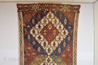 This Beautiful as found Antique Anatolian Kilim Probably Sivrihisar area has all natural colors and very good heavy feeling soft wool some spots of small old repairs.. very colorful and designful 
  ...