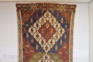 This Beautiful as found Antique Anatolian Kilim Probably Sivrihisar area has all natural colors and very good heavy feeling soft wool some spots of small old repairs.. very colorful and designful 
  ...