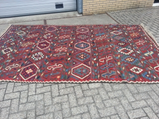 Antique Caucasian Oversize Kilim .Beautyfull collors and very nice design.
Incredible fine weave.Natural colors 100% wool
Similar item in the book museum of turkish and islamic art Kilims from Nazan Olcer, plate 68.  