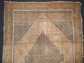 last quarter of 19 th century Kurdish Senneh.
Evenly low pile. Must be cleaned and repair the sides,
very fine and natural dyed collors beautyfull rug.

Size 198 x 139 cm     