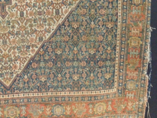 last quarter of 19 th century Kurdish Senneh.
Evenly low pile. Must be cleaned and repair the sides,
very fine and natural dyed collors beautyfull rug.

Size 198 x 139 cm     