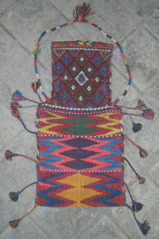 Kurd Persain Salt Bag North west Tribal
Miexd needel work & flat woven style.
size about 088cmx039cm all wooll in mint condition.
             