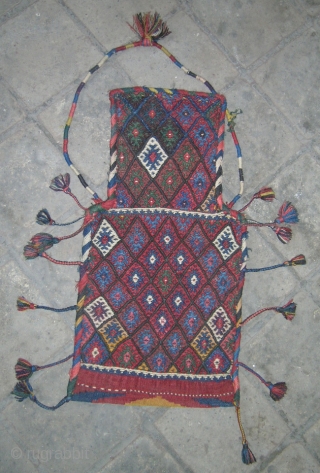 Kurd Persain Salt Bag North west Tribal
Miexd needel work & flat woven style.
size about 088cmx039cm all wooll in mint condition.
             