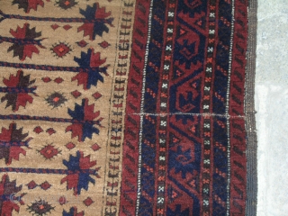 North East of Iran Balouch
soft texture at shiny wool pile on wool base,all over good pile
very few places as shown with minor damages
size 165cmx115cm
circa 1900        