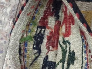 Small,flat woven suzani work style bag,wool on wool base
Partly fixings
55cmx36cm 
Circa ,1940                     