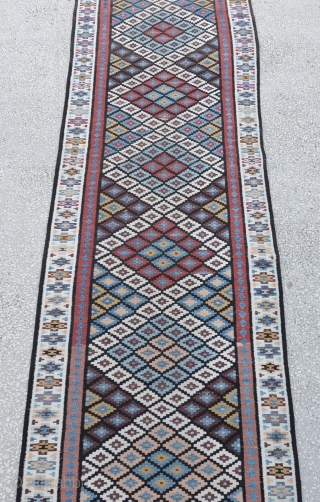 19th Century, very good condition,Persian Saveh Kilim- rug is clean, closed dovetail tapestry weave, strong and tight, reversible, great colors,Size:101 x 432 Cm
3'4" x 14'2"
        