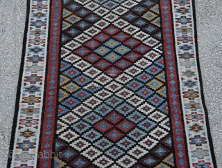 19th Century, very good condition,Persian Saveh Kilim- rug is clean, closed dovetail tapestry weave, strong and tight, reversible, great colors,Size:101 x 432 Cm
3'4" x 14'2"
        