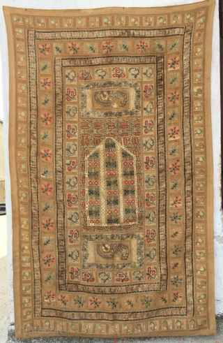 Ottoman Greek embroidery arched prayer panel known as a quibla.Size:180x110cm/5'10"X3'8" 
It is composed of various antique Ottoman Greek embroideries in order to create a prayer mat, which are probably from the 19th  ...