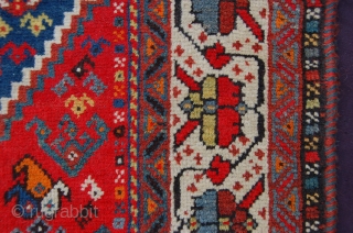 ANTIQUE TRIBAL QUASHGAI RUG (VERY PRETTY, RED WEFTED, FINE QUALITY, LOADS OF ANIMALS, AKSTAFA BIRDS/ HORSES). Size : 214 x 111 cm. Very good condition, medium pile allover with one lower area  ...