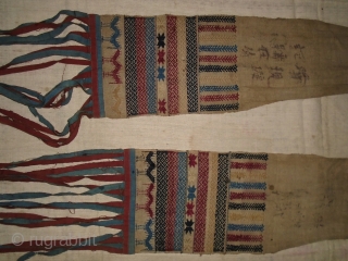 Iu Mien Yao Embroidered Taoist priest Turban. N.Thai or Laos.
Silk and handspun cotton(one small hole in turban part)20x435 cm.
possibly late 19th or early 20th c.        