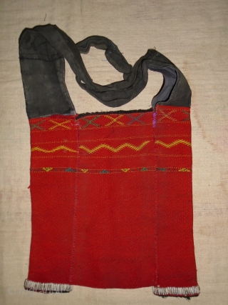 Kachin shoulder bag, North Burma,appears to be natural dyed wool and cotton
and job tears like seeds..Strap has hand done repair..30x30 cm.(body of bag)
30x73(with strap) circa 1930-1960?       