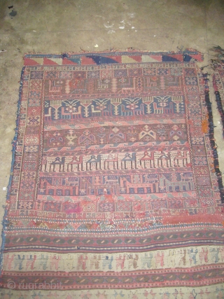 Large very early Soumac Shahsavan mafrash,with unusual desigen and motifs, good colours,as found condition.E.mail for more info.                