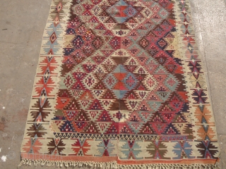 Colorful Anatolian Kilim with beautiful design and all natural colors,very fine weave and nice condition,some old repairs done.Handwashed ready for the display.Size 11'*4'7".E.mail for more info and pics.     