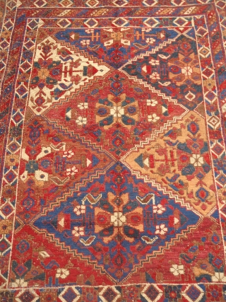 Early Afshar rug with good colors and design.with some old repair.Both sides have kilim endings.Size 5*3'8".E.mail for more info.              