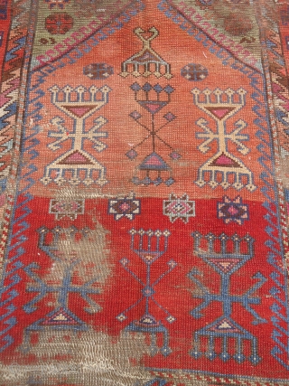 Early Anatolian Prayer Rug Fragment with good colors and design.As found.Size 3'8"*3'4".E.mail for more info and pics.                