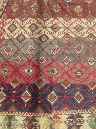 Colorful Anatolian kilim fragment with all good naturul colors very fine weave and good age.Size 9'4"*4'11".E.mail for more info and pics.            