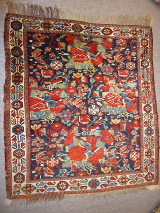 Qashqai Poshti with great colours and beautiful desigen.Fine weave good condition.Ready for the display.Size 3*2'9".E.mail for more info.               