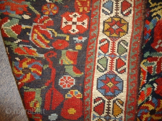 Qashqai Poshti with great colours and beautiful desigen.Fine weave good condition.Ready for the display.Size 3*2'9".E.mail for more info.               