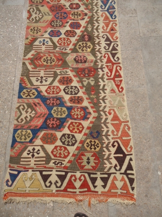 Anatolian Kilim Fragment with great colors and very beautiful design,fine weave.A handsome frag.Size 9'9"*2'6".E.mail for more info.                