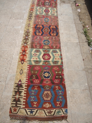 Finely wovern Anatolian Kilim half with good natrul beautiful colors,very nice design,good age.Size 11'5"*2'6".E.mailf for more info.                