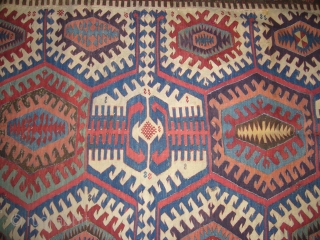 Gorgeous very fine woven Anatolian Kilim,supereb colours and a beutiful desigen,excellent condition and good age,3 parts kilm,Size 13'10"*5'9".E.mail for more info.            