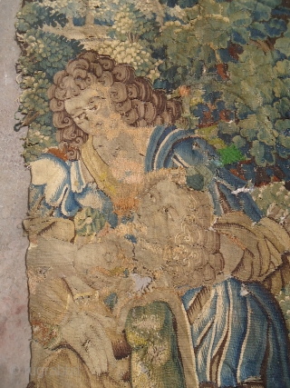 17-18th century French Tapestery Fragment with nice drawing and colors.Size 9'8"*4'10".E.mail for more info and pics.                 