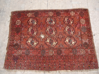 Big Central Asian Chuval with beautiful colors and guls,without any repair or work done,one whole in middle,as found,good weave and age.Size 4'10"*3'6".E.mail for more info.        