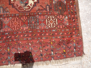 Big Central Asian Chuval with beautiful colors and guls,without any repair or work done,one whole in middle,as found,good weave and age.Size 4'10"*3'6".E.mail for more info.        