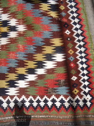 Antique Qashqai Kilim with Eye-Dazzler desigen,all good natrul colors,very fine weave,beautiful pce with good age,As found without any work done,Size 8'6"*5'3".E.mail for more info.         